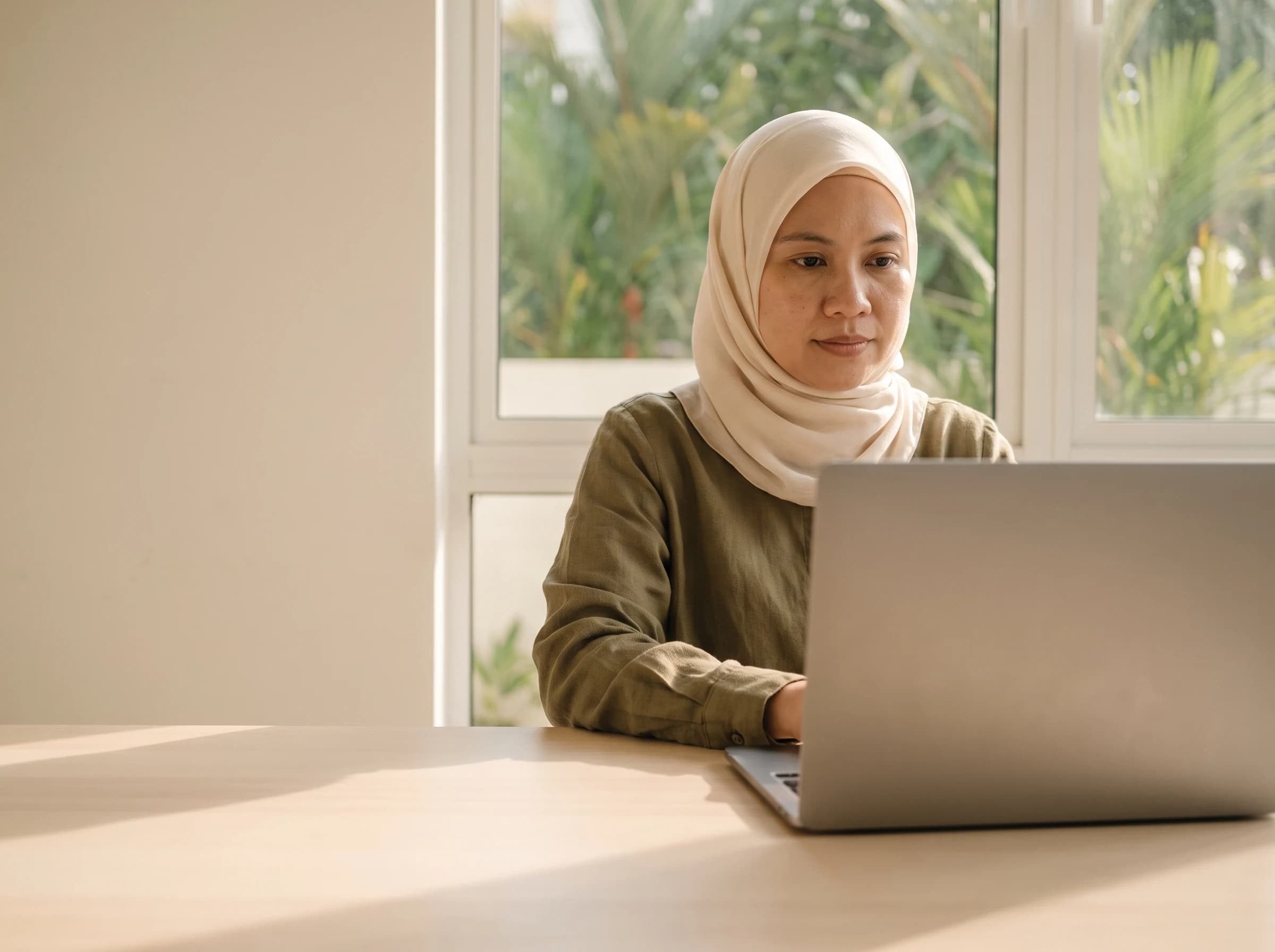 A business owner working at a laptop in a bright office, tropical greenery through the window behind her.